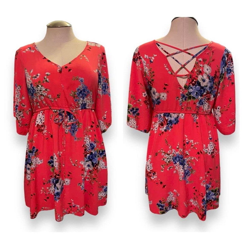 Torrid Plus Size 1 Coral Floral Strappy Back Kimono Sleeve Mini‎ Challis Dress